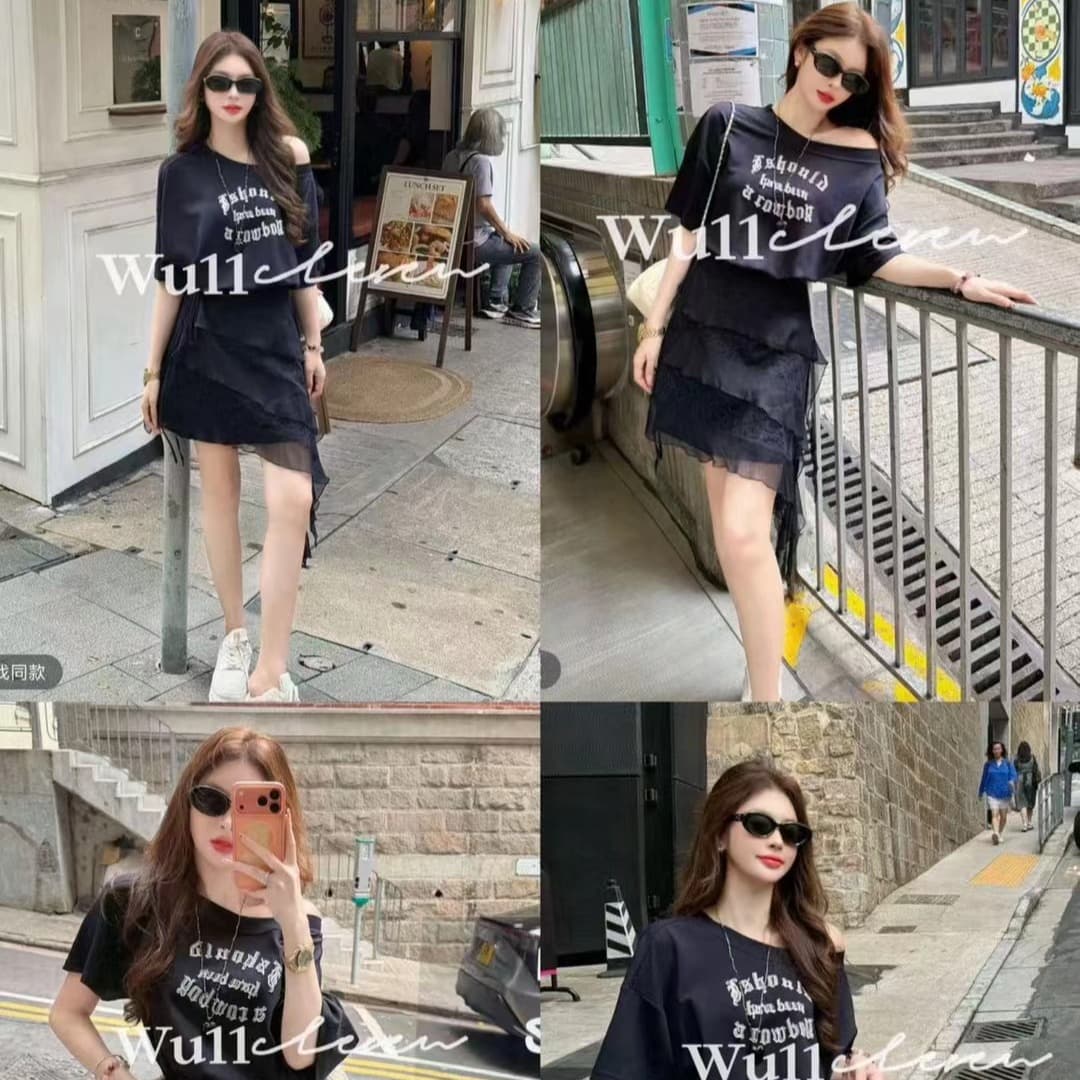 새로운 디자인 섹션 섹시함 알파벳 자수 비스듬한 칼라 티셔츠 치마 레이스 프릴 랩스커트팬츠 투피스 세트 이미지 5