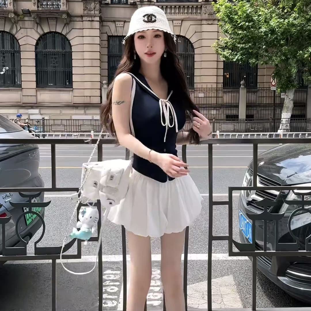 해군 스타일 V넥 레이스업 민소매 조끼 외출용 여성 여름 품격 슬림해 보이는 맨위 여성 반신 스커트 투피스 세트 이미지 5