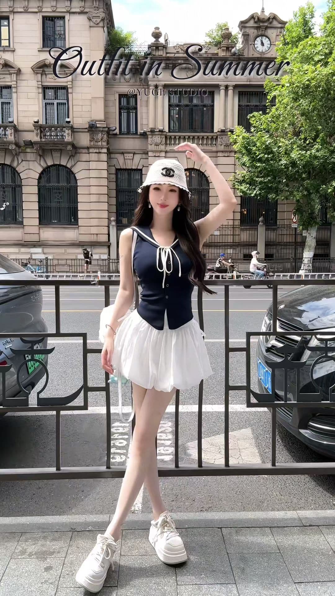 해군 스타일 V넥 레이스업 민소매 조끼 외출용 여성 여름 품격 슬림해 보이는 맨위 여성 반신 스커트 투피스 세트 상세 이미지 3