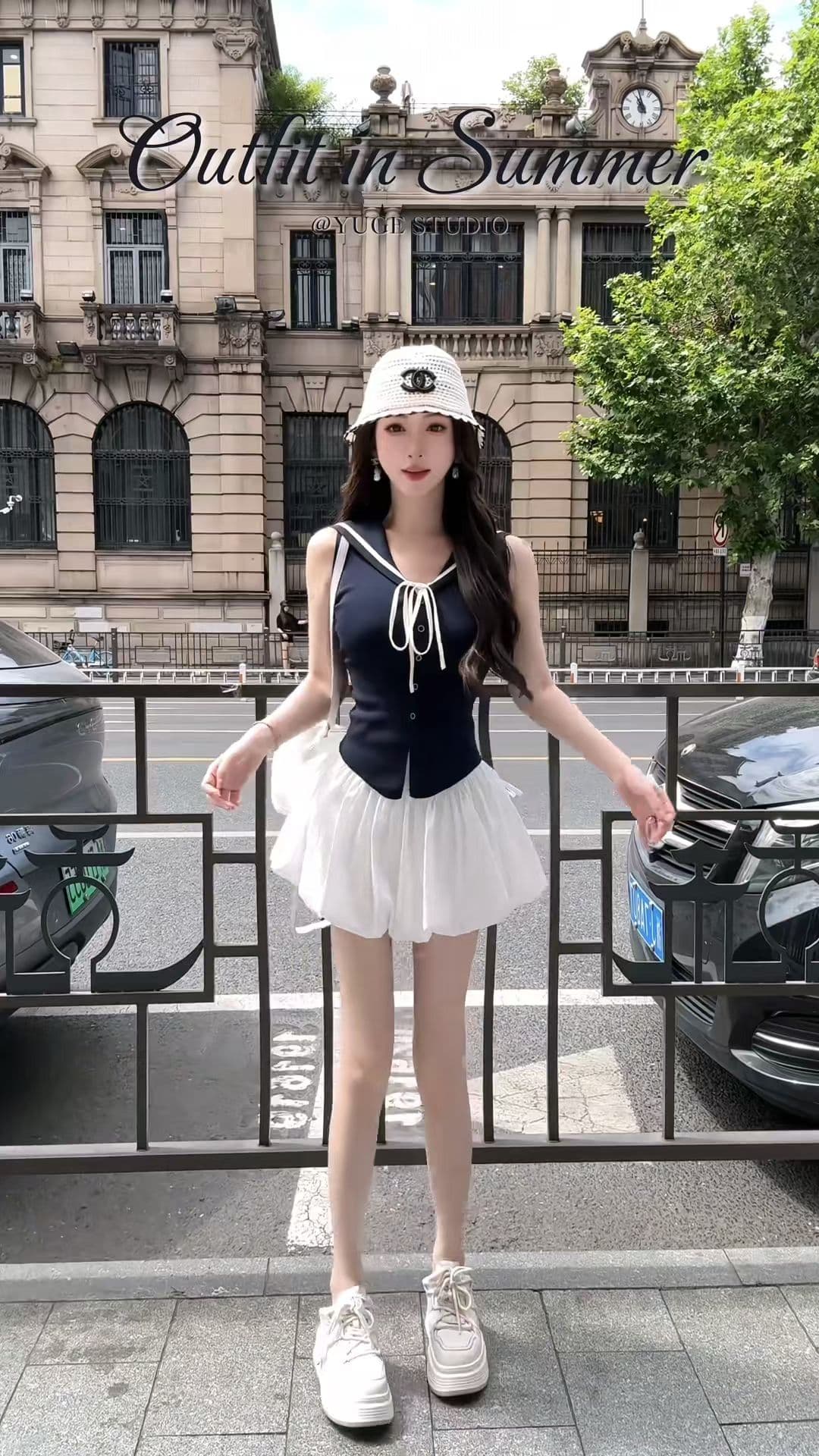 해군 스타일 V넥 레이스업 민소매 조끼 외출용 여성 여름 품격 슬림해 보이는 맨위 여성 반신 스커트 투피스 세트 상세 이미지 7