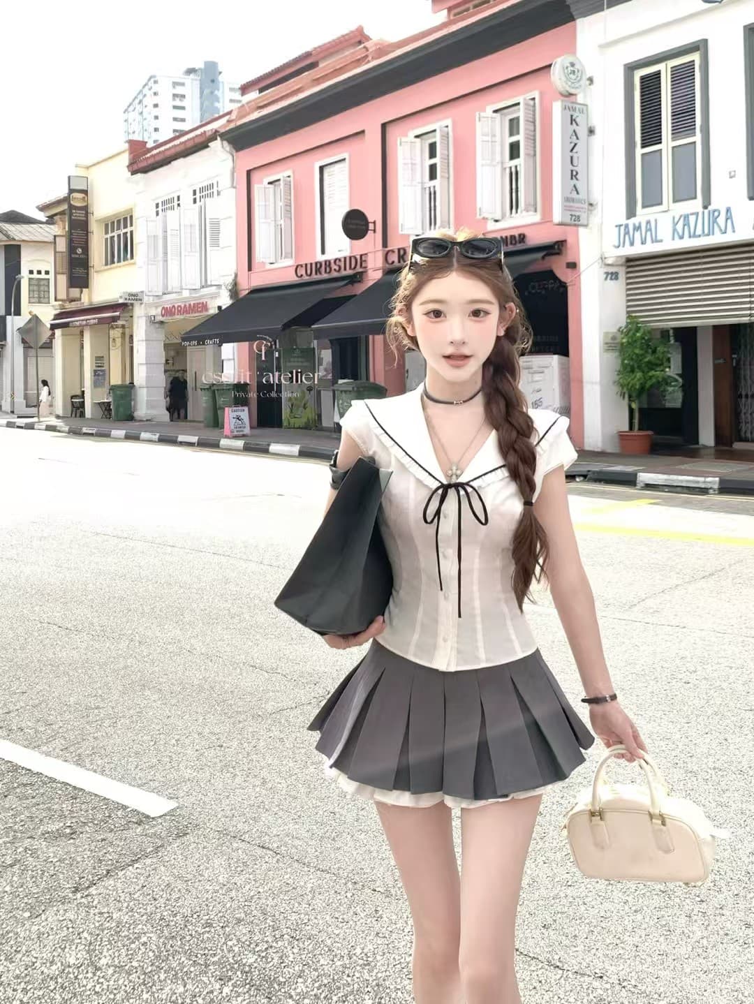 쉬운 꿈 링 해군 스타일 셔츠 도트 무늬 레이스 면 소재 나비 매듭 반 스커트 투피스 세트 이미지 4
