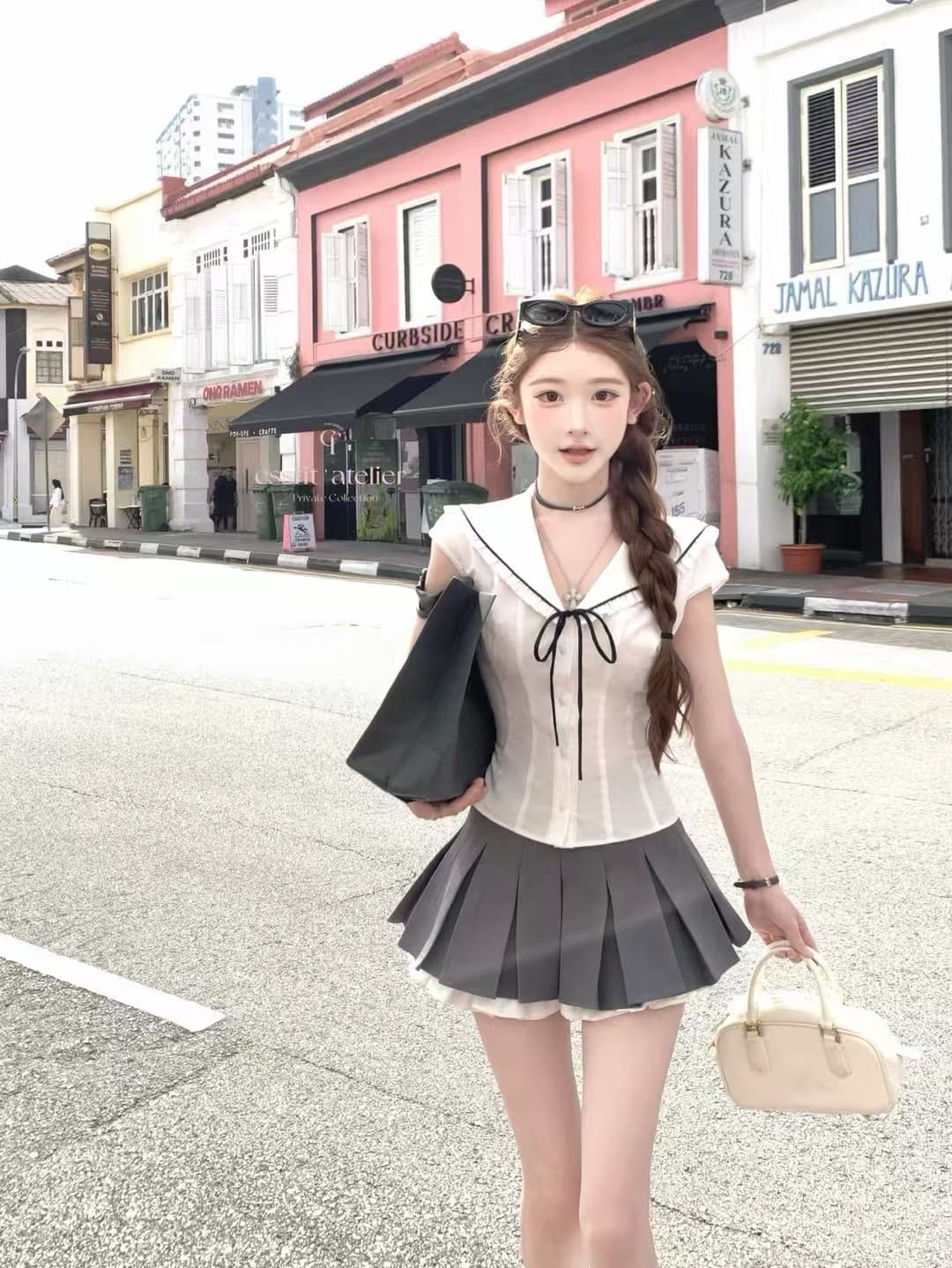 쉬운 꿈 링 해군 스타일 셔츠 도트 무늬 레이스 면 소재 나비 매듭 반 스커트 투피스 세트 이미지 3
