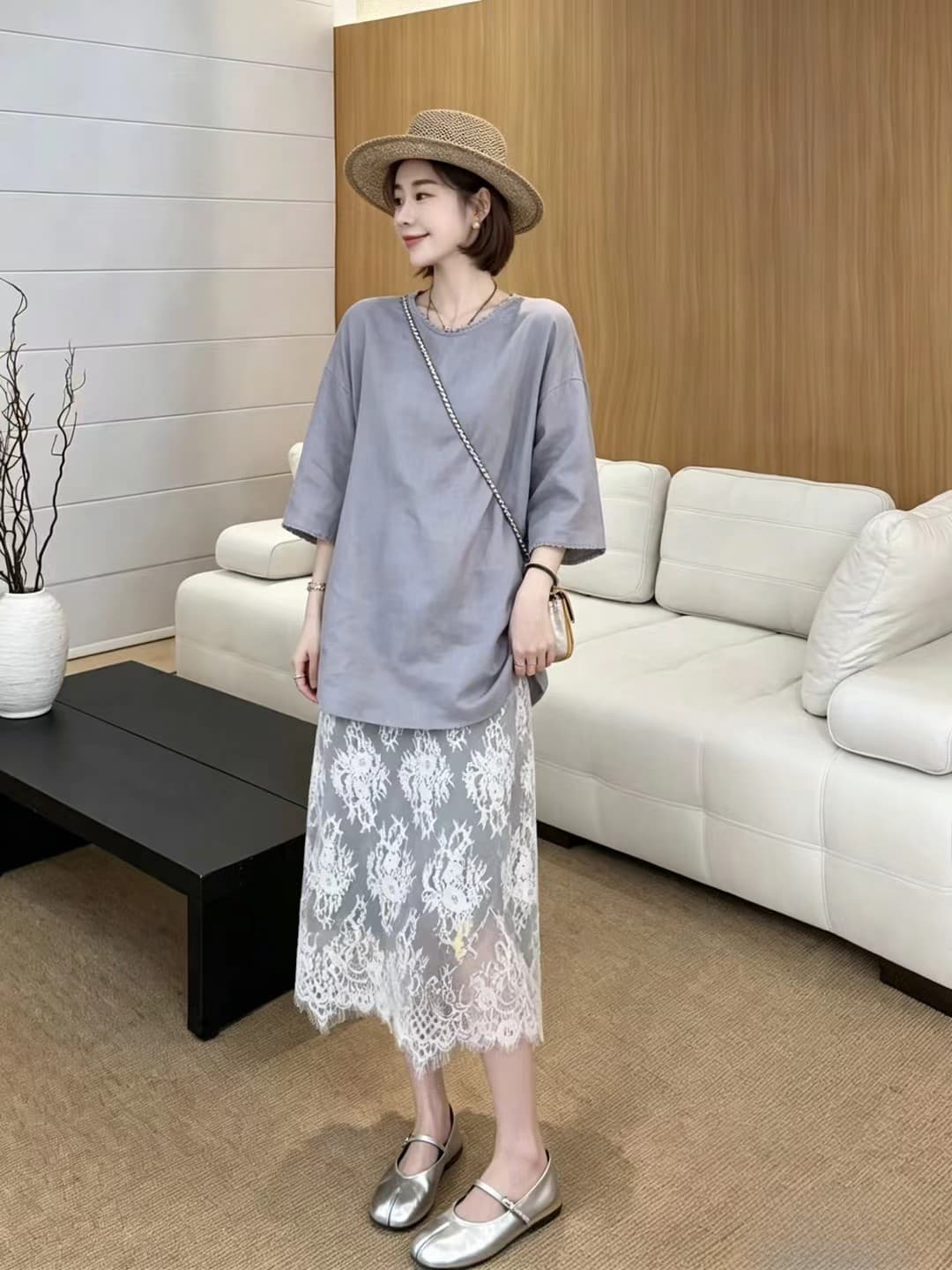 2026 슈퍼 화재 여름 드레스 세트 여성 레저 느긋한 바람 루즈핏 라운드 넥 슬림해 보이는 맨위 코디 반신 스커트 투피스 세트 상세 이미지 5