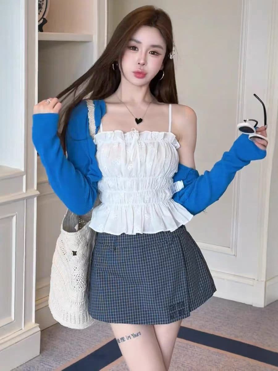 한 부서 달콤한 스타일 광장 칼라 캐미솔 니트 오픈 가디건 여성 여름 새로운 주름 몸매 가꾸기 슬림해 보이는 3종 세트 이미지 2