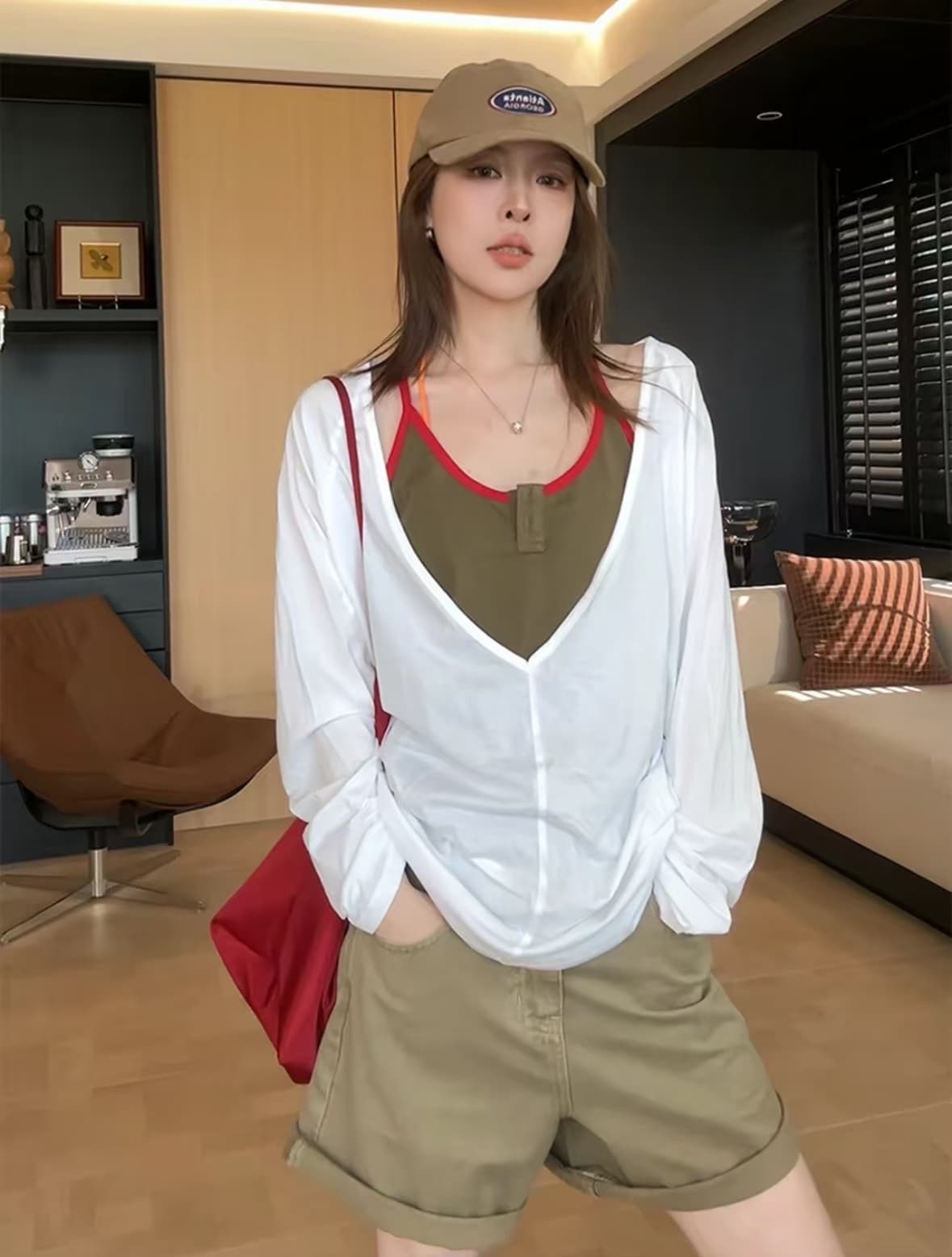 느긋한 휴식 센스 캐주얼 세트 여성 봄 여름 인사이드 가져 가라. 행침 목 슬립 자외선 차단 블라우스 투피스 세트 상세 이미지 3
