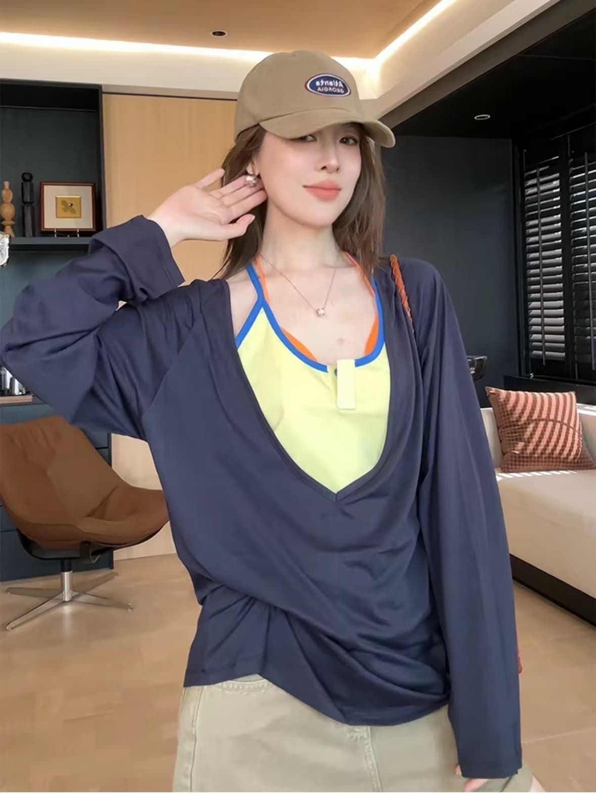 느긋한 휴식 센스 캐주얼 세트 여성 봄 여름 인사이드 가져 가라. 행침 목 슬립 자외선 차단 블라우스 투피스 세트 상세 이미지 4