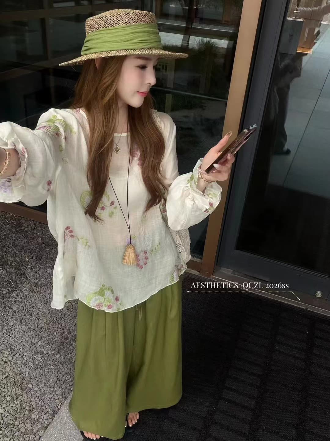 고대 조기 부드러운 바람 꽃무늬 프린트 벌룬 소매 여성 셔츠 느슨함 센스 맨위 캐주얼 바지 투피스 세트 상세 이미지 8