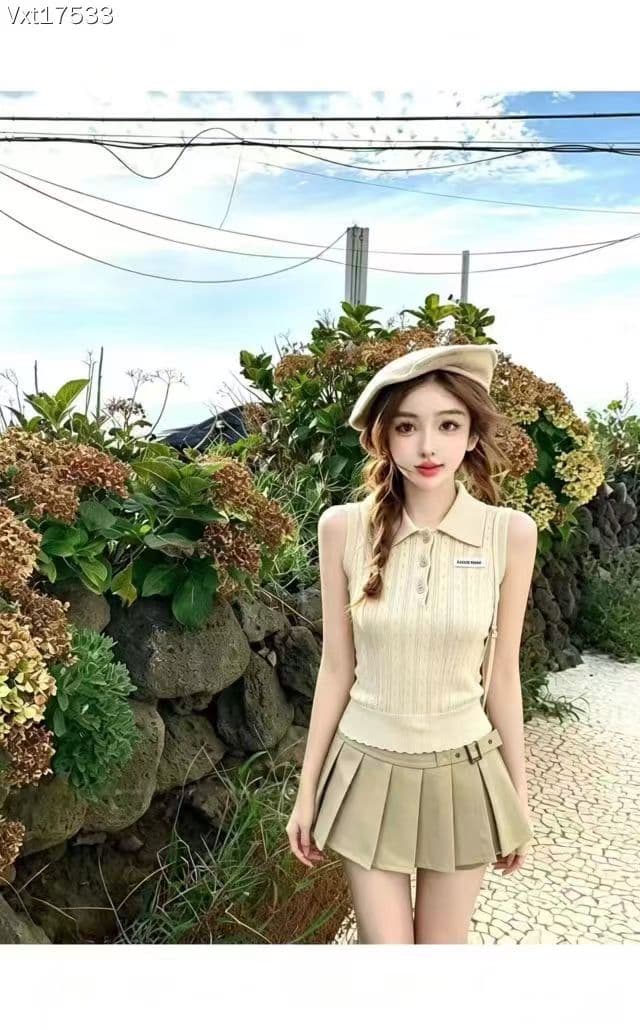 POLO 셔츠 니트 반팔 티셔츠 여성 여름 한국 스타일 배색 뒤집다 슬림해 보이는 칼라 폴로 칼라 맨위 반신 스커트 투피스 세트 이미지 4