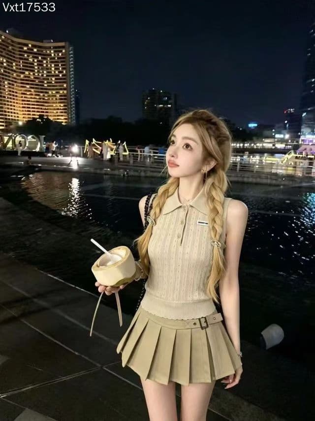 POLO 셔츠 니트 반팔 티셔츠 여성 여름 한국 스타일 배색 뒤집다 슬림해 보이는 칼라 폴로 칼라 맨위 반신 스커트 투피스 세트 상세 이미지 3