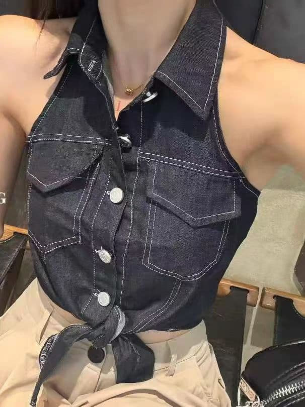 프랑스식 디자인 센스 민소매 데님 조끼 여자 여름 V넥 단추 오픈 가디건 조끼 캐주얼 바지 투피스 세트 이미지 3