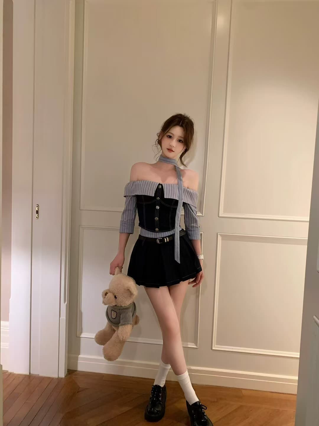 작은 곰 구속영장 태국 사람 랜드 학원 스트라이프 셔츠 플리츠 스커트 여름 여성 슬림해 보이는 디자인 센스 세트 상세 이미지 1
