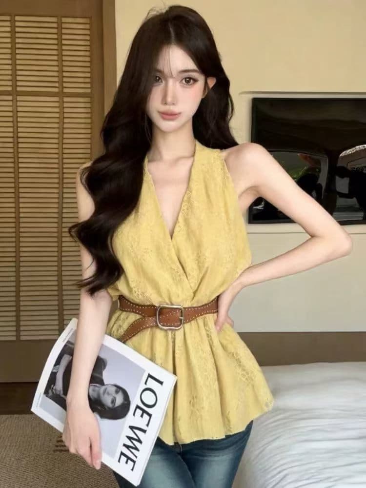 2026 봄 여름 새로운 프랑스식 V넥 행침 목 캐미솔 보라색 허리 수축 슬림해 보이는 자카드 맨위 상세 이미지 4