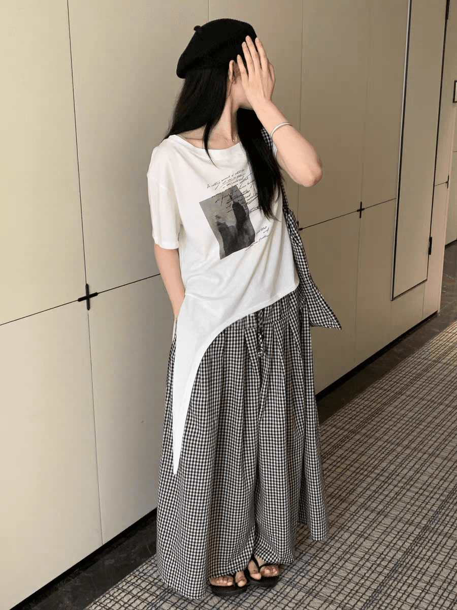한 부서 프린트 반팔 티셔츠 가방 반신 치마 세트 여성 26 여름 새로운 루즈핏 슬림해 보이는 표지 고기 3종 세트 이미지 2