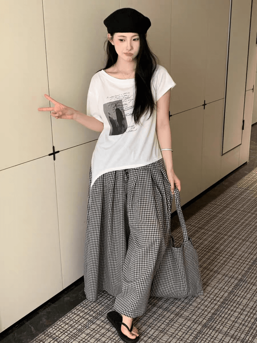 한 부서 프린트 반팔 티셔츠 가방 반신 치마 세트 여성 26 여름 새로운 루즈핏 슬림해 보이는 표지 고기 3종 세트 이미지 4