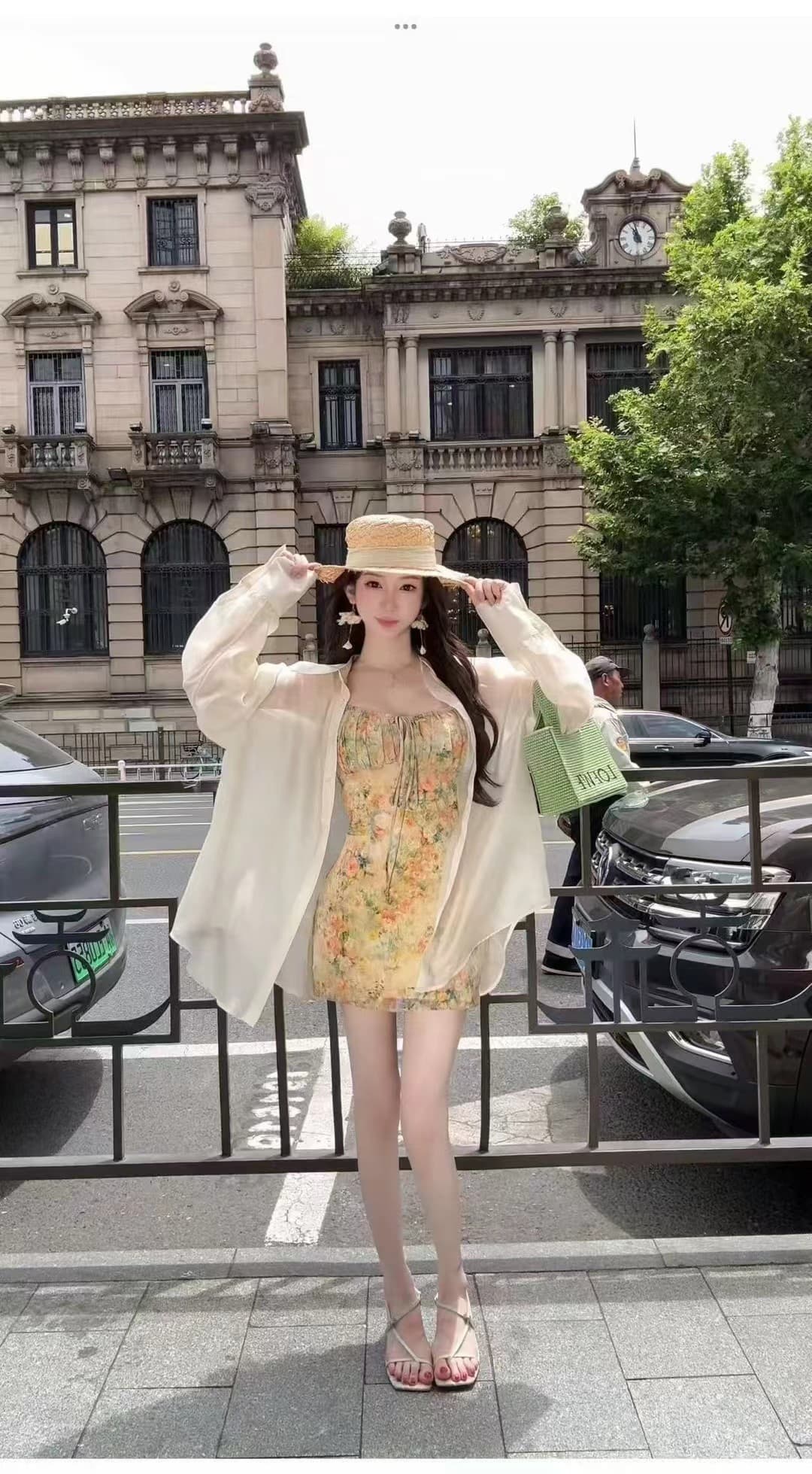 코튼 주간 실크 산소 센스 자외선 차단 작은 쇼트 스타일 오픈 가디건 드레스 투피스 세트 이미지 3