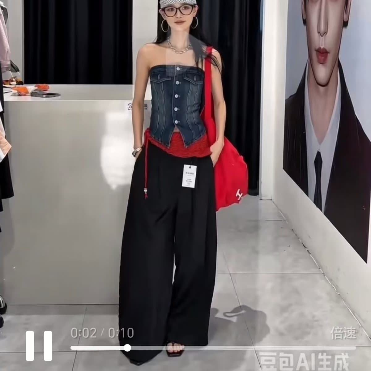 레트로 디자인 센스 아메리칸 핫걸 데님 튜브탑 조끼 여성 슬림해 보이는 포장 가슴 맨위 캐주얼 바지 투피스 세트 이미지 5