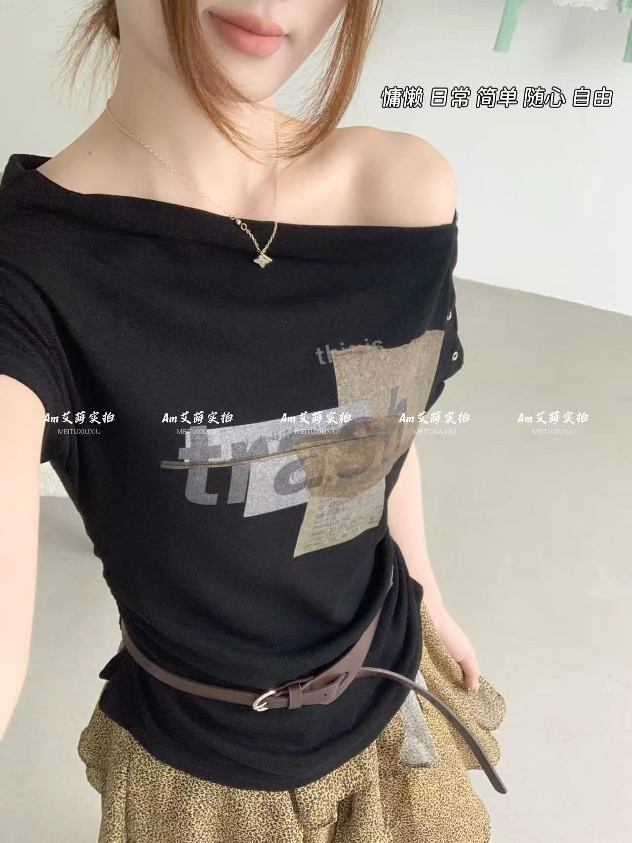 불모지 핫걸 바람 프린트 오프숄더 Chic 주름 허리 수축 t 하이웨이스트 다용도 불규칙 반신 스커트 두 조각 여성 세트 상세 이미지 6