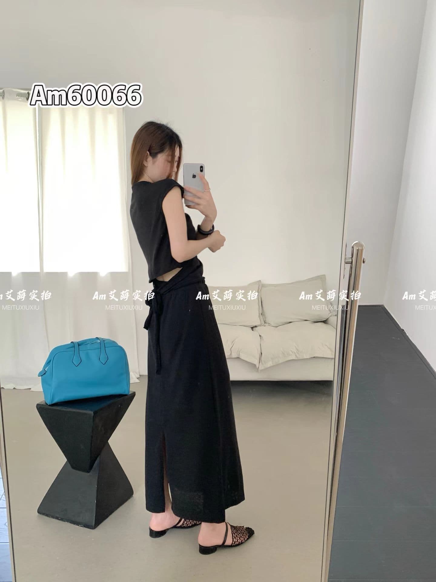 한 부서 느긋한 느슨함 V넥 반팔 허리 수축 슬림해 보이는 맨위 티셔츠 여성 여름 레이스업 하이웨이스트 길다 치마 투피스 세트 이미지 2