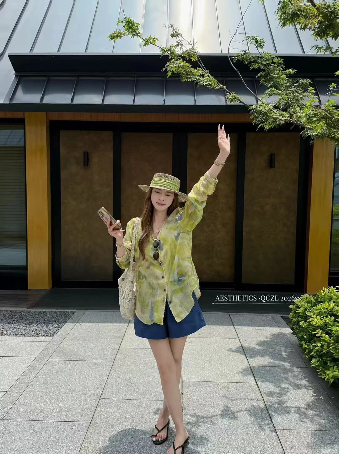 남쪽 기름 라미 파란색 프린트 여성 셔츠 2026 여름 레이스 조각 V넥 캐주얼 꽃무늬 자외선 차단 세트 상세 이미지 4