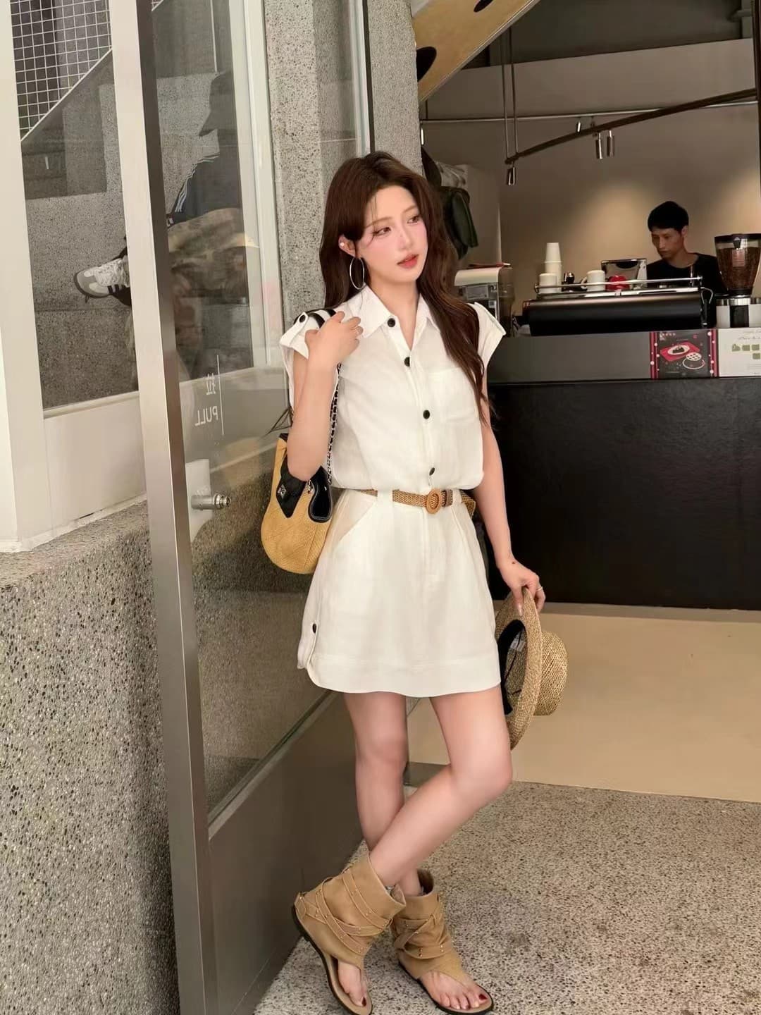 레트로 쇼트 스타일 핫걸 워크웨어 카키 데님 허리 수축 반팔 아메리칸 작은 치마 이미지 3