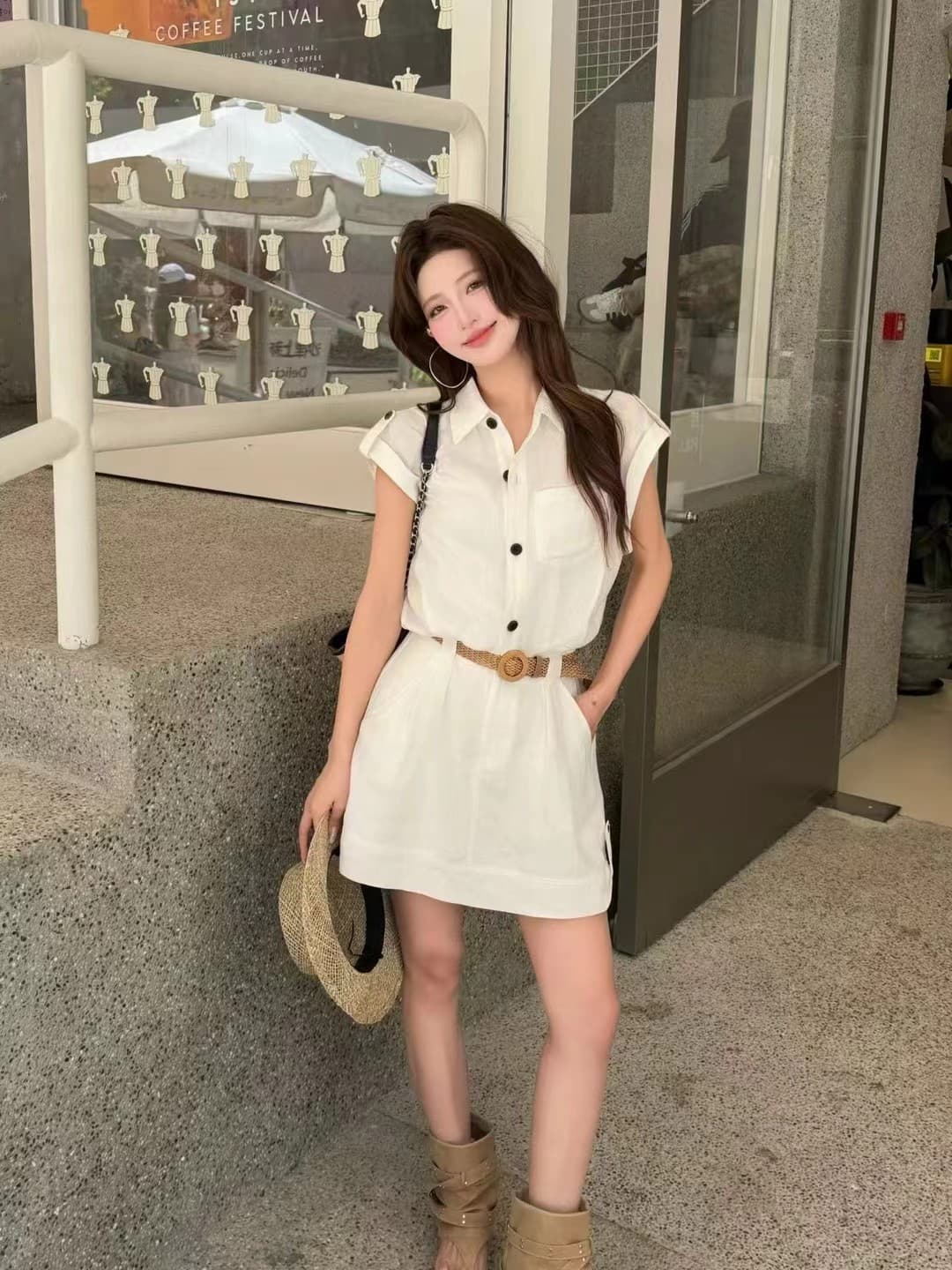 레트로 쇼트 스타일 핫걸 워크웨어 카키 데님 허리 수축 반팔 아메리칸 작은 치마 상세 이미지 3