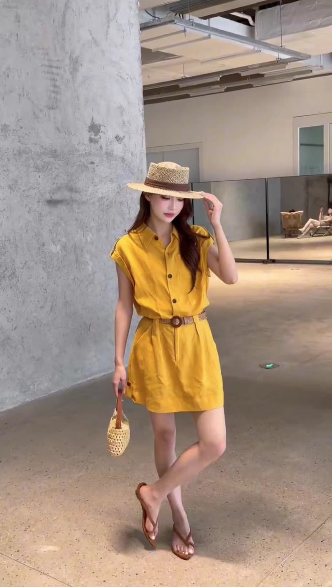 레트로 쇼트 스타일 핫걸 워크웨어 카키 데님 허리 수축 반팔 아메리칸 작은 치마 상세 이미지 4