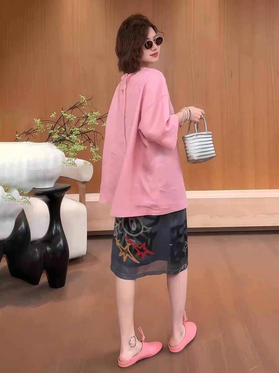 여름 새로운 다용도 루즈핏 반팔 단색 티셔츠 반신 스커트 투피스 세트 상세 이미지 8