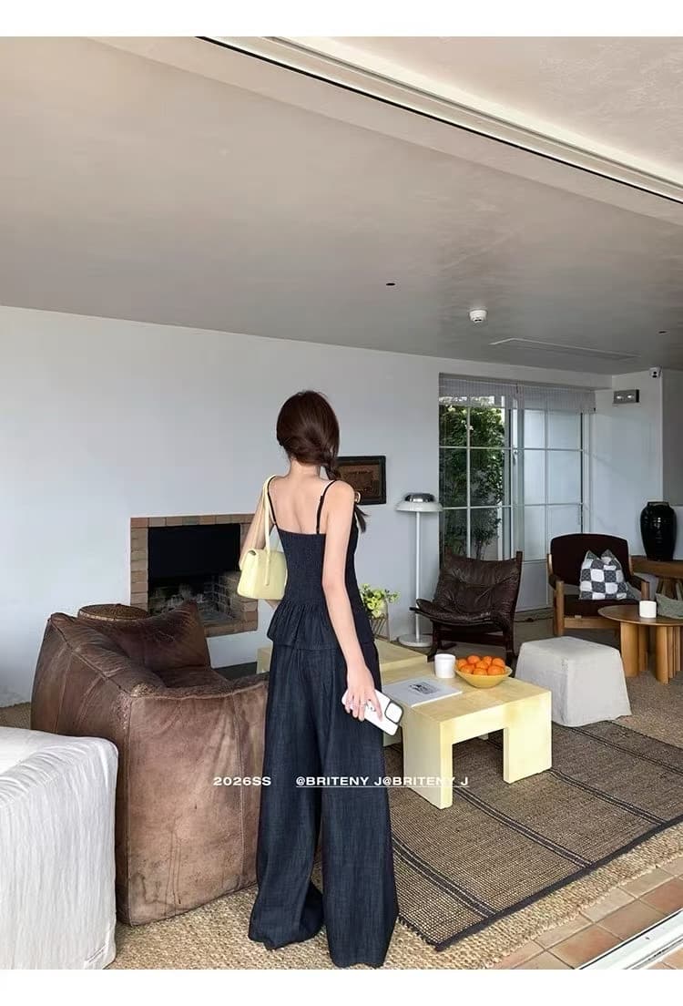 2026 년 여름 데님 나비 매듭 슬립 와이드 레그 팬츠 데님 세트 이미지 3
