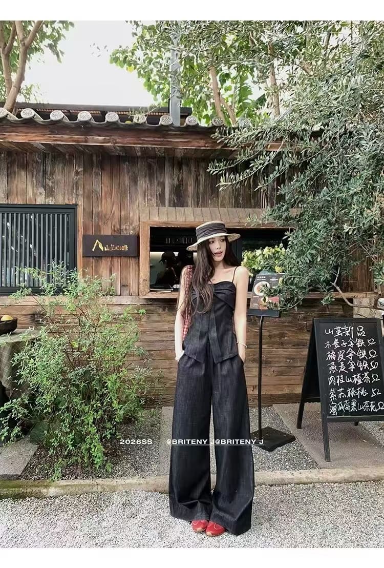 2026 년 여름 데님 나비 매듭 슬립 와이드 레그 팬츠 데님 세트 상세 이미지 4