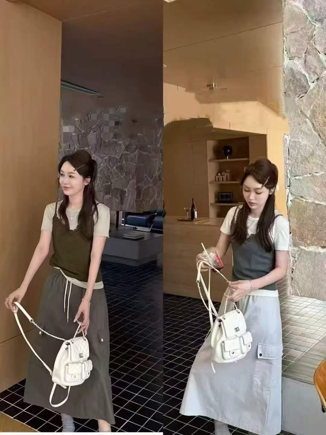 2026 봄 여름 유럽 한 점프 슈트 치마 세트 여성용 짧은 소매 패치워크 페이크 레이어드 맨위 반신 스커트 캐주얼 두 조각 치마 상세 이미지 1