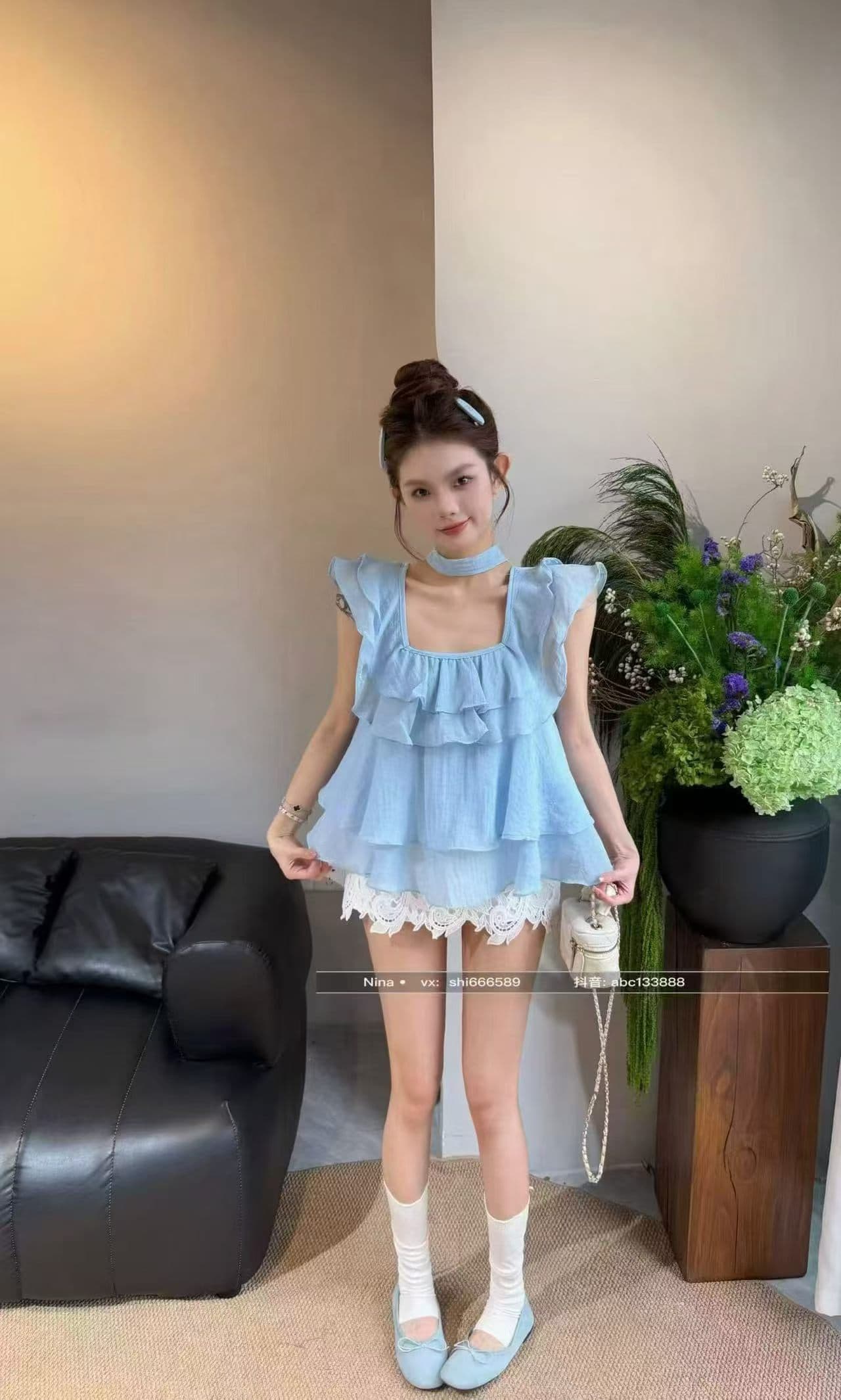 프랑스식 달콤함 리본 작은 날다 소매 프릴 쉬폰 작은 셔츠 여성 여름 슬림해 보이는 맨위 반신 스커트 투피스 세트 이미지 4