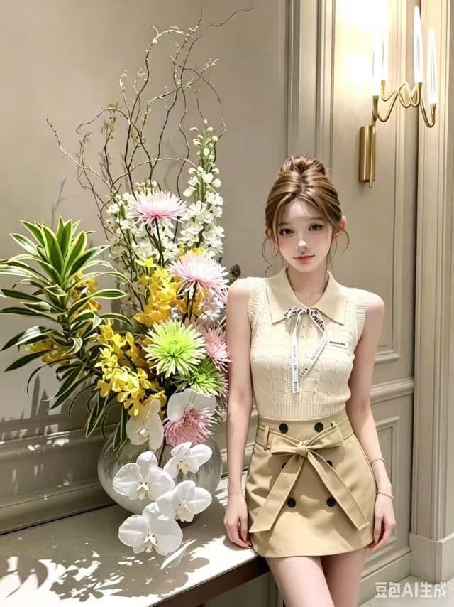 우유 살구 색상 polo 니트 투피스 조끼 여성 여름 작은 키 순수한 욕망 바람 몸매 가꾸기 슬림해 보이는 반신 치마 세트 이미지 2