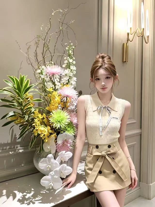 우유 살구 색상 polo 니트 투피스 조끼 여성 여름 작은 키 순수한 욕망 바람 몸매 가꾸기 슬림해 보이는 반신 치마 세트 상세 이미지 2