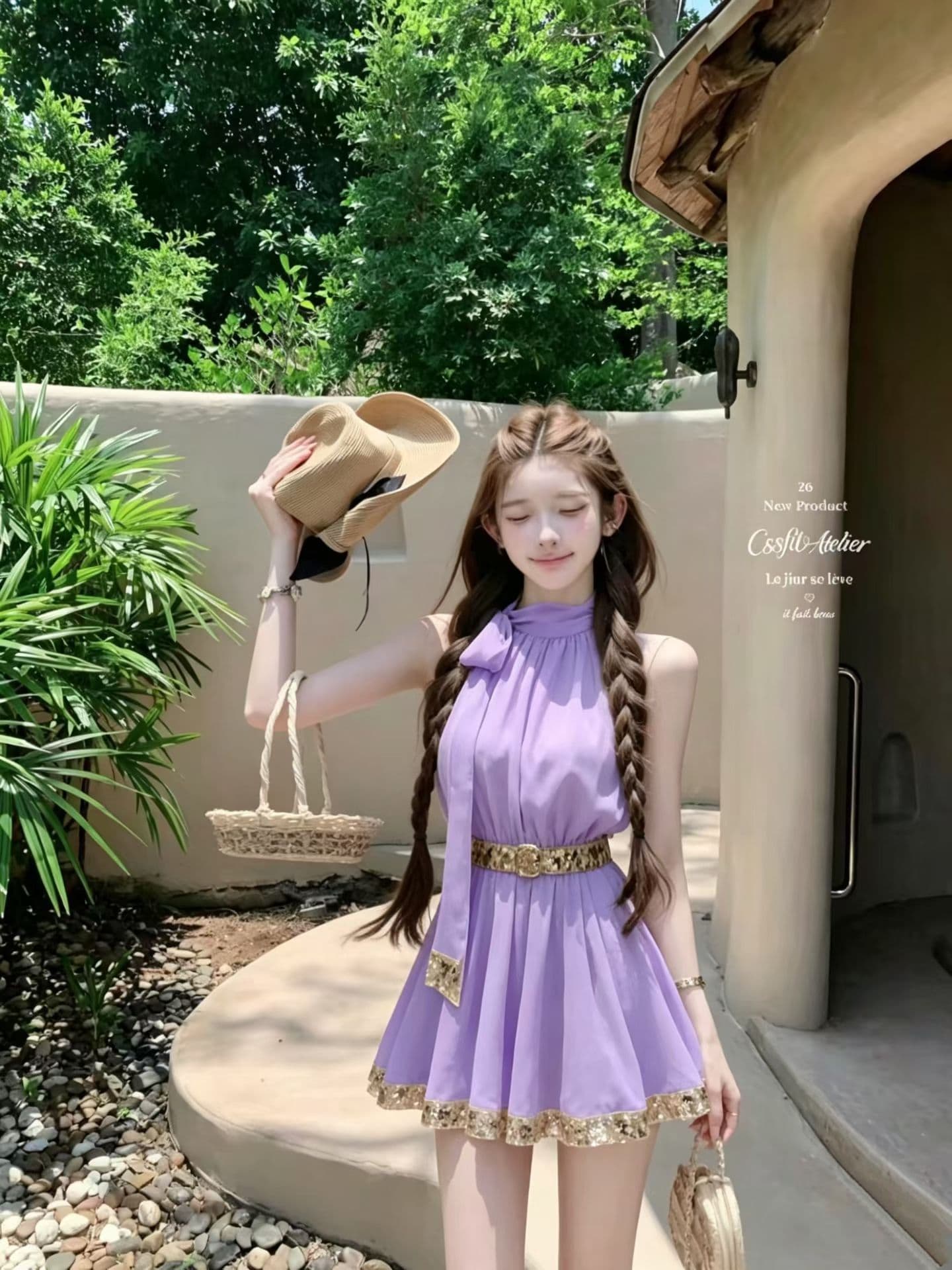 부드러운 행침 목 레이스업 민소매 쉬폰 여성 드레스 여름 스팽글 테두리 장식 허리 수축 슬림해 보이는 품격 요정 미니 스커트 상세 이미지 7