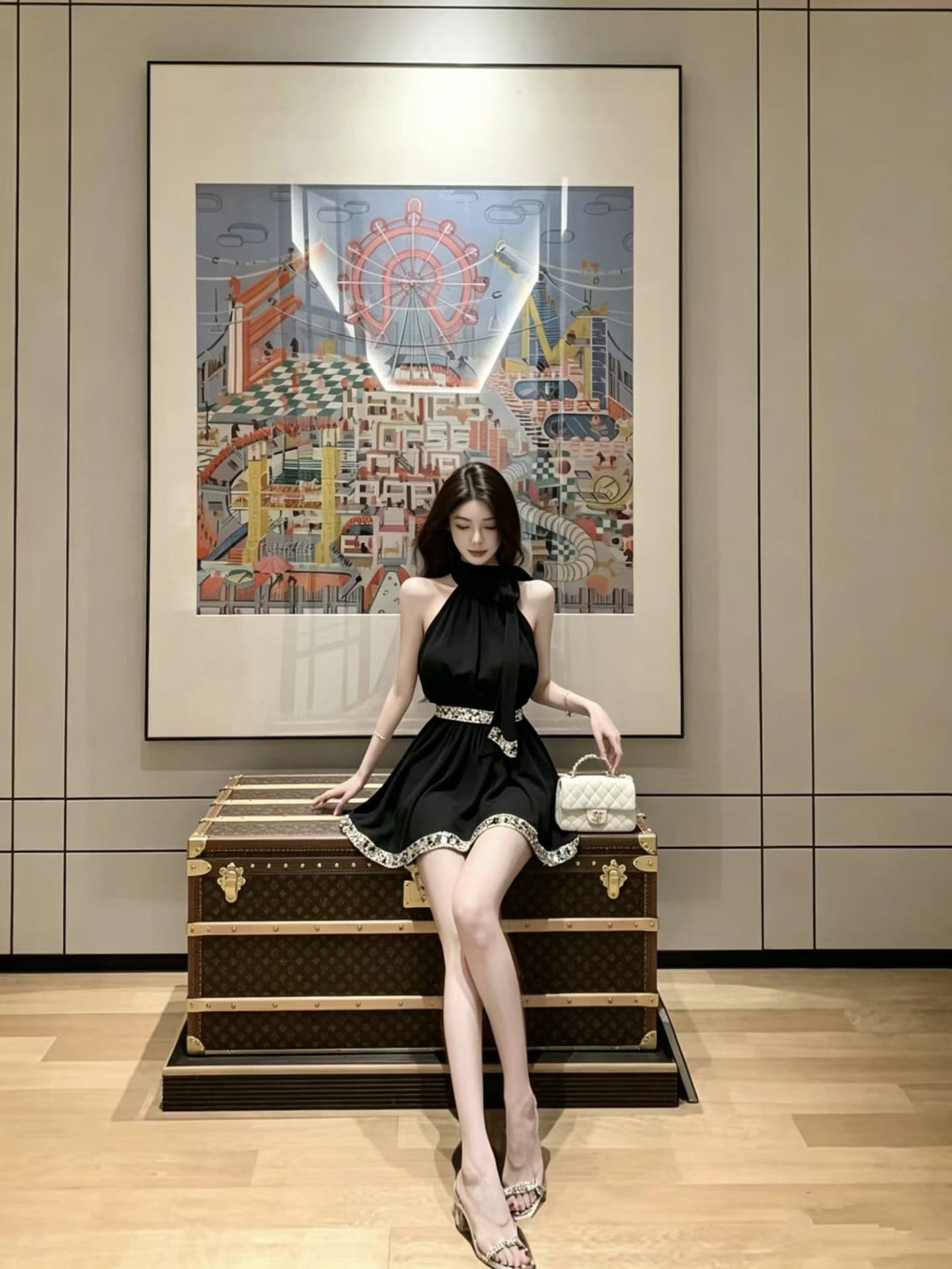 부드러운 행침 목 레이스업 민소매 쉬폰 여성 드레스 여름 스팽글 테두리 장식 허리 수축 슬림해 보이는 품격 요정 미니 스커트 상세 이미지 11