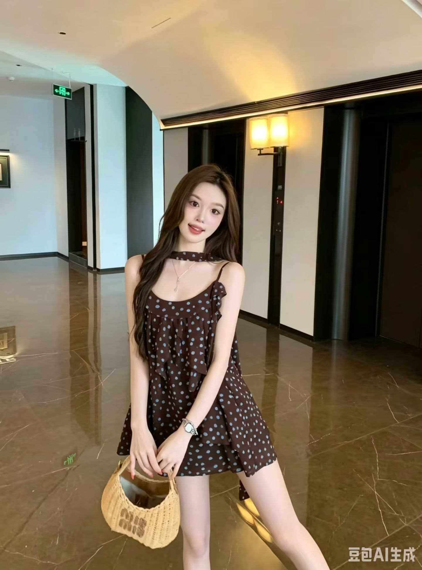 여름 켜기 새로운 느긋한 와 성별 블루 커피 포인트 꽃무늬 도트 무늬 불규칙 프릴 슬립 맨위 조끼 경기 리본 이미지 2