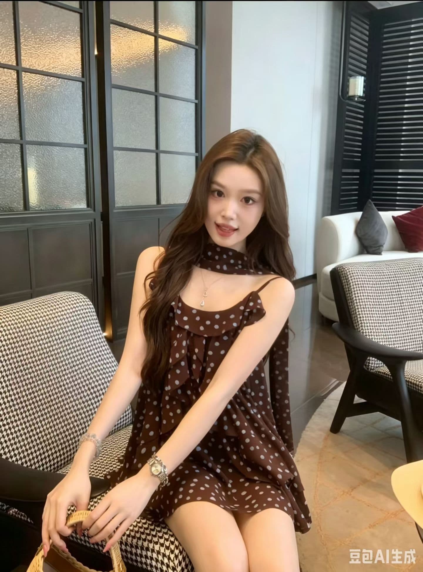 여름 켜기 새로운 느긋한 와 성별 블루 커피 포인트 꽃무늬 도트 무늬 불규칙 프릴 슬립 맨위 조끼 경기 리본 상세 이미지 2