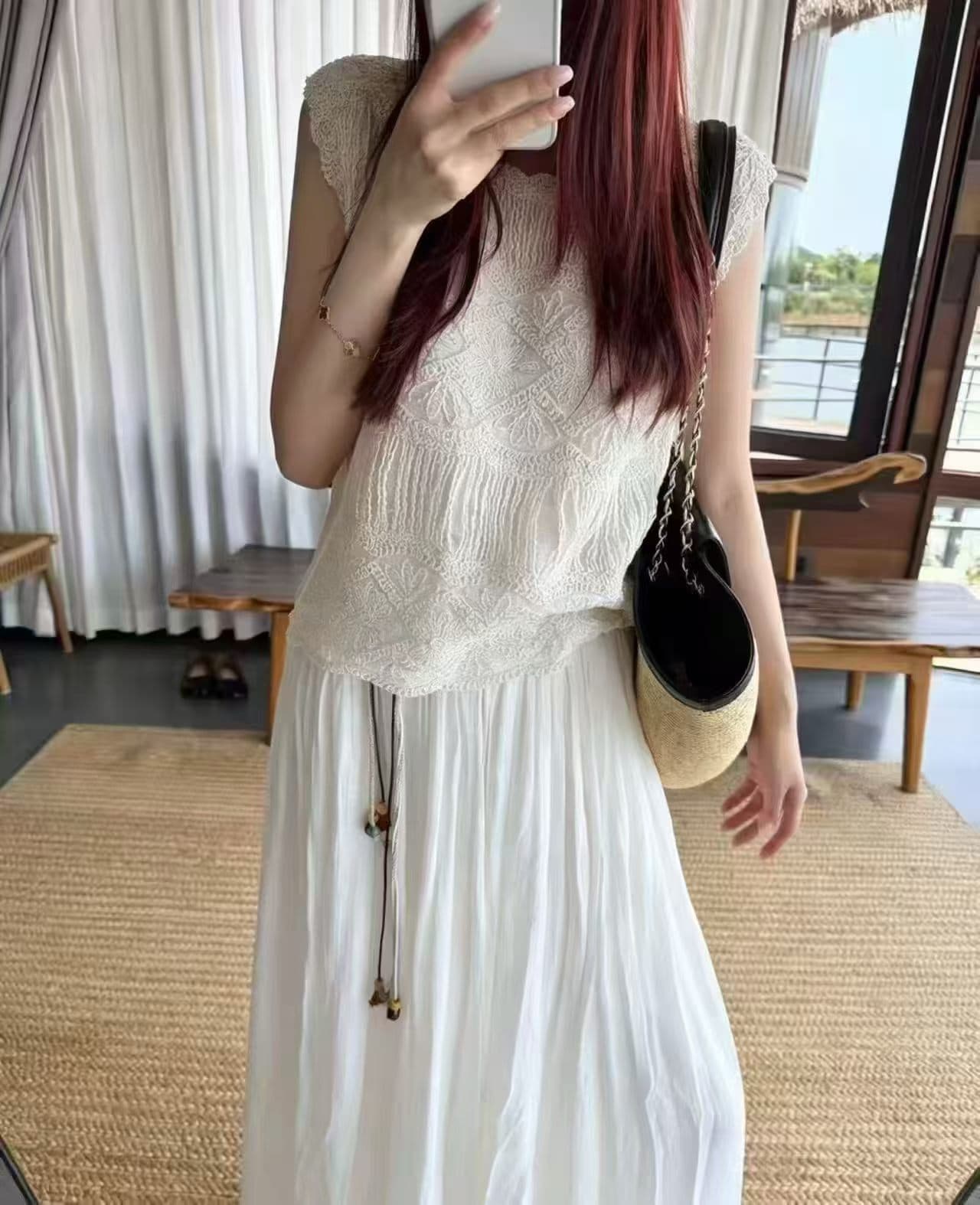 레이스 자수 홀로우 아웃 민소매 조끼 블라우스 여성 외부 가져 가라. 여름 빅 사이즈 지방 mm 슬림해 보이는 디자인 센스 쇼트 스타일 상세 이미지 1