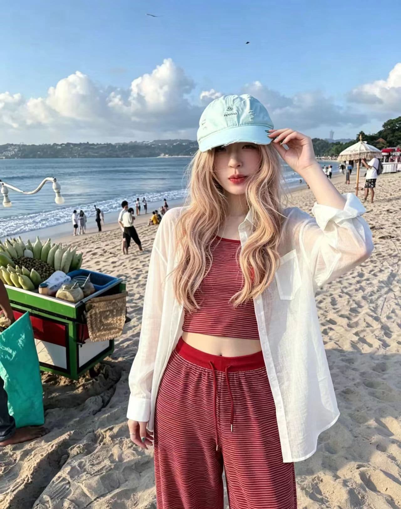 새로운 느긋한 바람 스트라이프 캐미솔 얇은 스타일 자외선 차단 의류 허리밴드 와이드 레그 팬츠 3종 세트