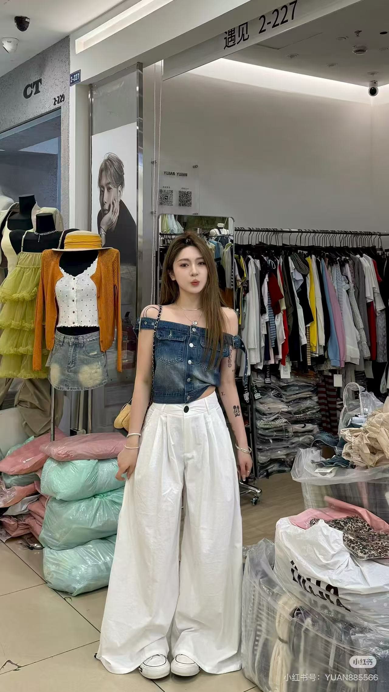 순수한 욕망 바람 세련된 세트 여성 여름 디자인 센스 품격 오프숄더 데님 맨위 화이트 와이드 레그 팬츠 투피스 세트 상세 이미지 1