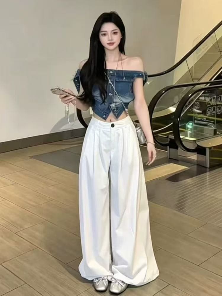 순수한 욕망 바람 세련된 세트 여성 여름 디자인 센스 품격 오프숄더 데님 맨위 화이트 와이드 레그 팬츠 투피스 세트 상세 이미지 3