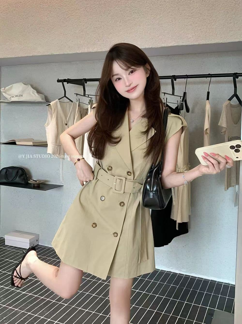 여름 새로운 패션 여성 드레스 한 부서 허리 수축 이중 버튼 작은 키 바람막이 미니 스커트 상세 이미지 4
