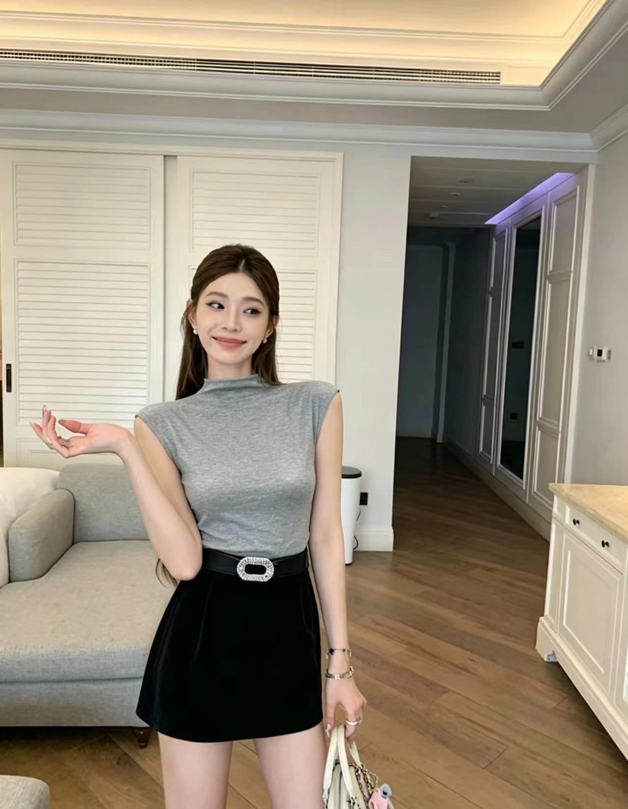 아메리칸 반하이넥 긍정적 인 어깨 반팔 여성 여름 기초 섹션 다용도 어깨 티셔츠 반신 스커트 투피스 세트 이미지 4
