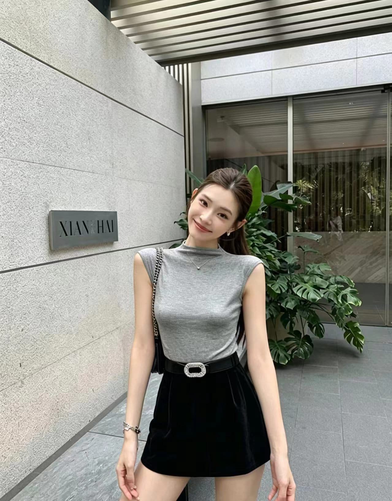 아메리칸 반하이넥 긍정적 인 어깨 반팔 여성 여름 기초 섹션 다용도 어깨 티셔츠 반신 스커트 투피스 세트 상세 이미지 4