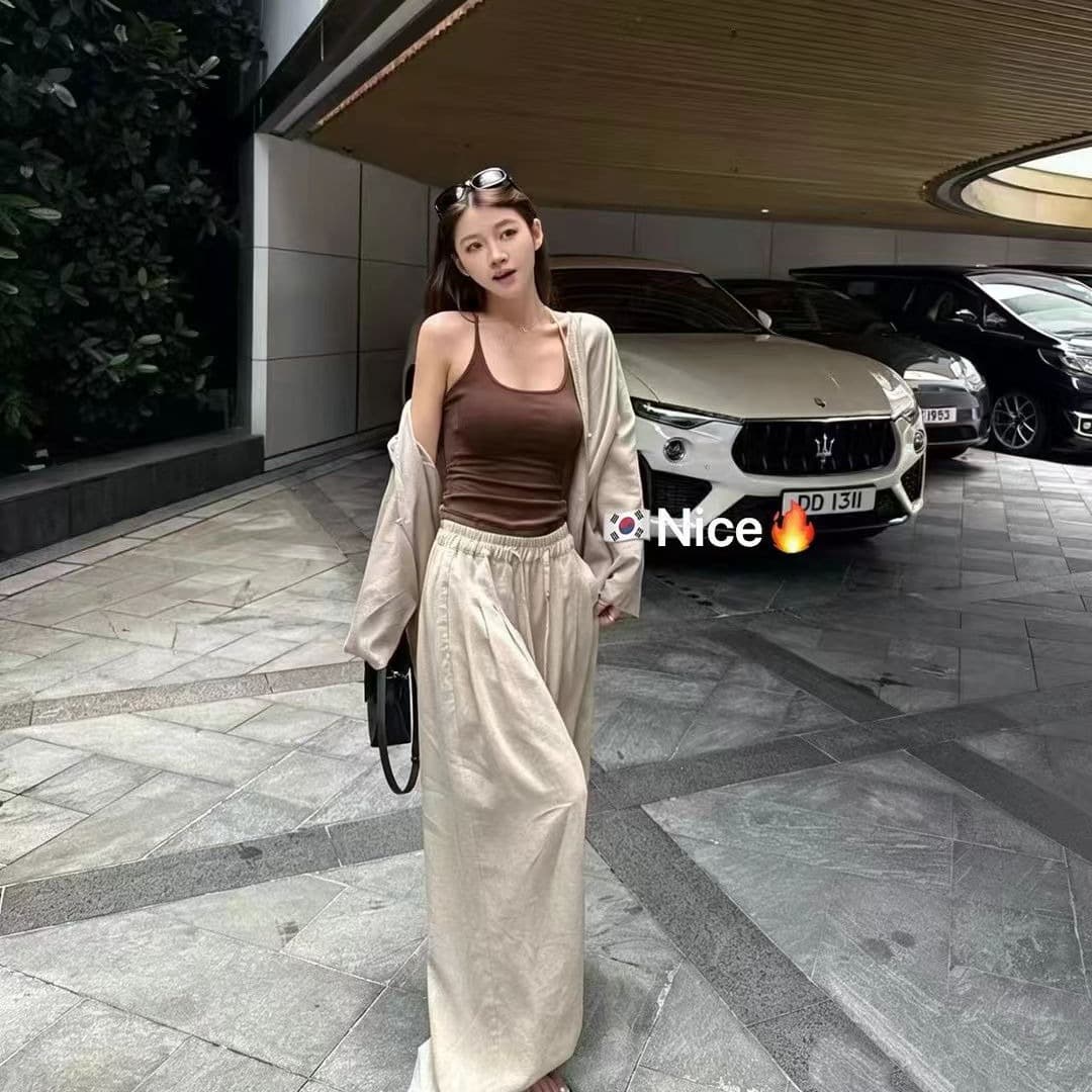 한 부서 슈퍼 화재 패션 핫걸 섹시함 캐미솔 얇은 자외선 차단 오픈 가디건 허리밴드 와이드 레깅스 바지 3종 세트 이미지 5