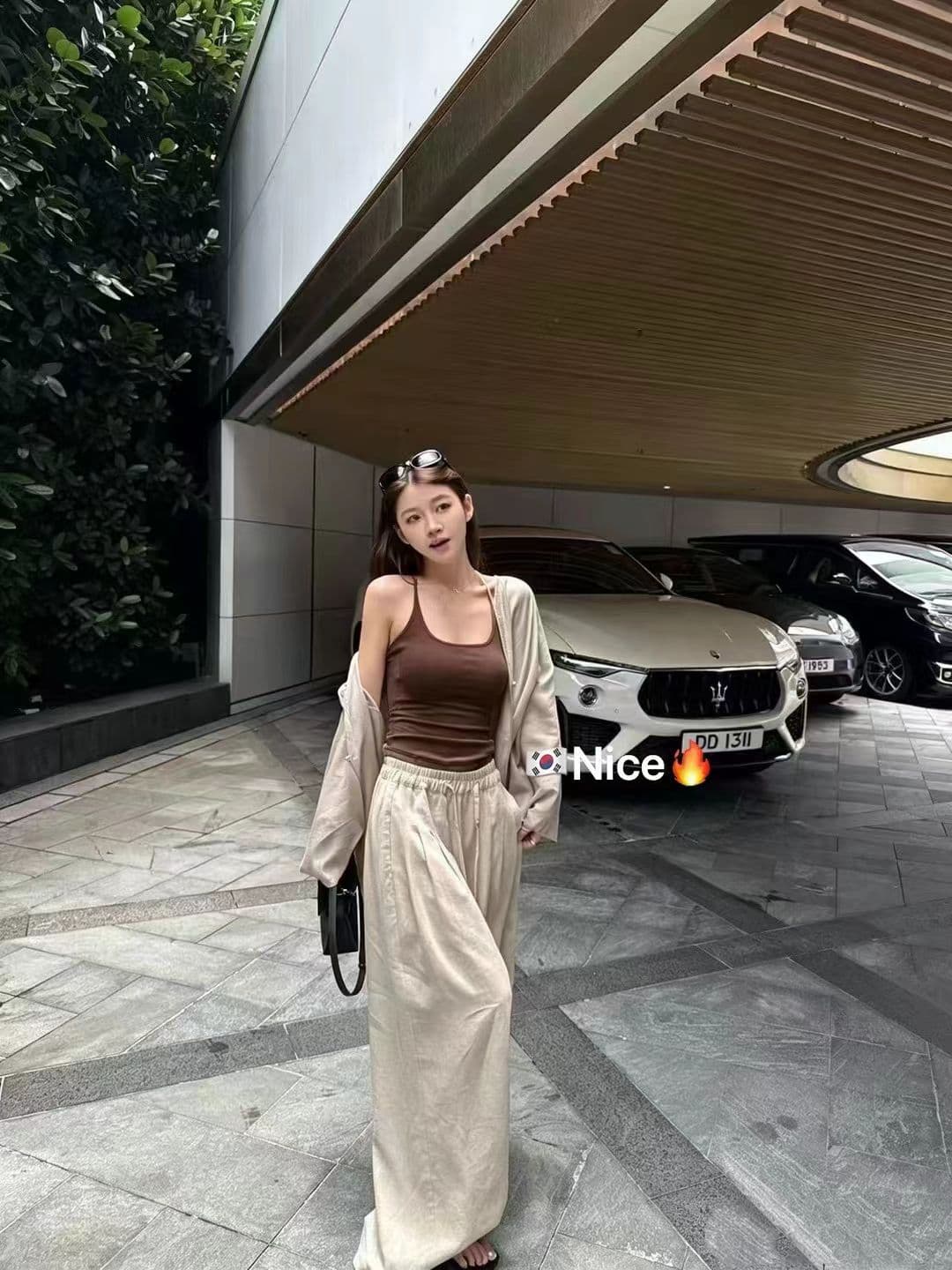 한 부서 슈퍼 화재 패션 핫걸 섹시함 캐미솔 얇은 자외선 차단 오픈 가디건 허리밴드 와이드 레깅스 바지 3종 세트 상세 이미지 5