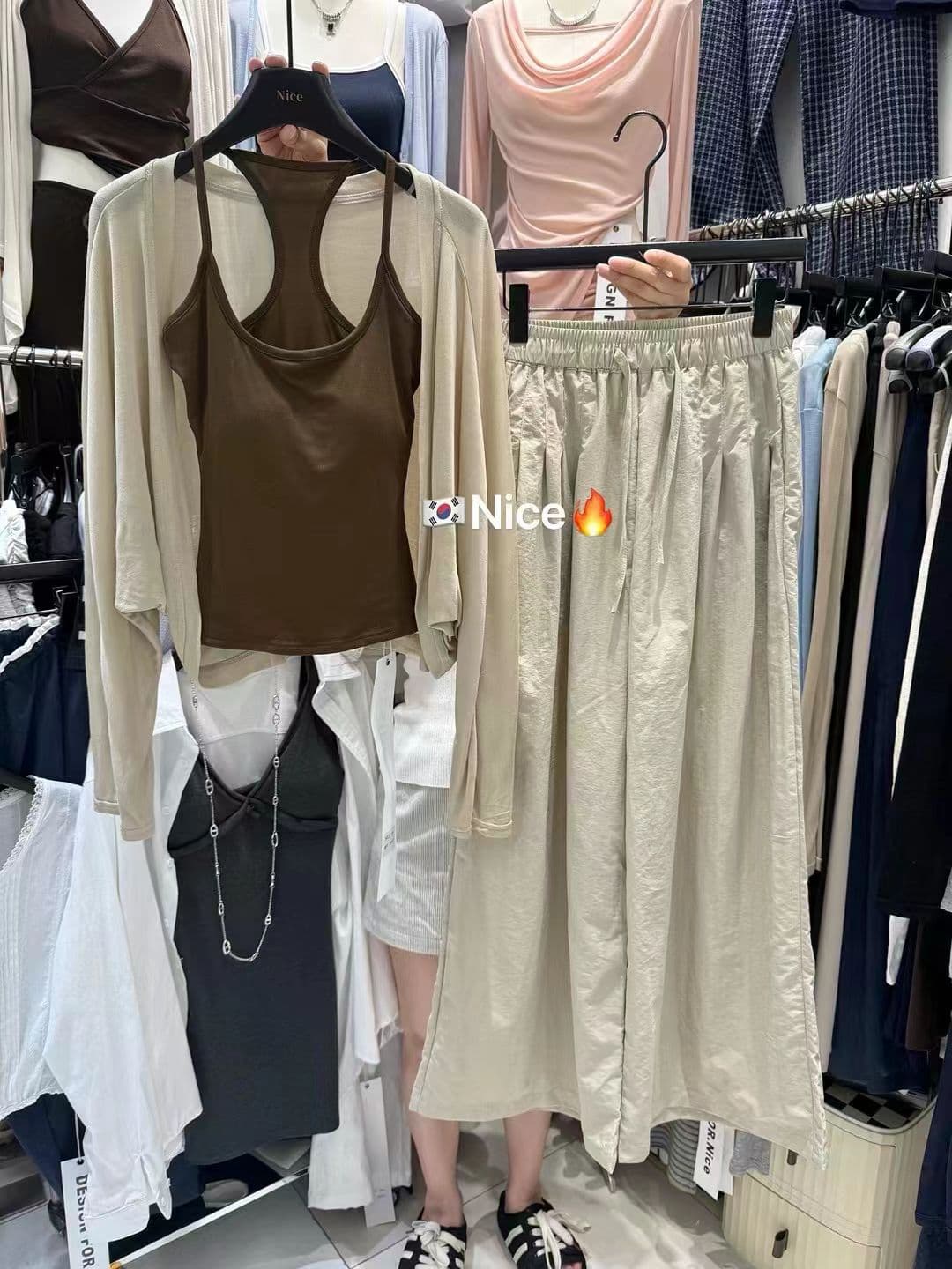 한 부서 슈퍼 화재 패션 핫걸 섹시함 캐미솔 얇은 자외선 차단 오픈 가디건 허리밴드 와이드 레깅스 바지 3종 세트 상세 이미지 6
