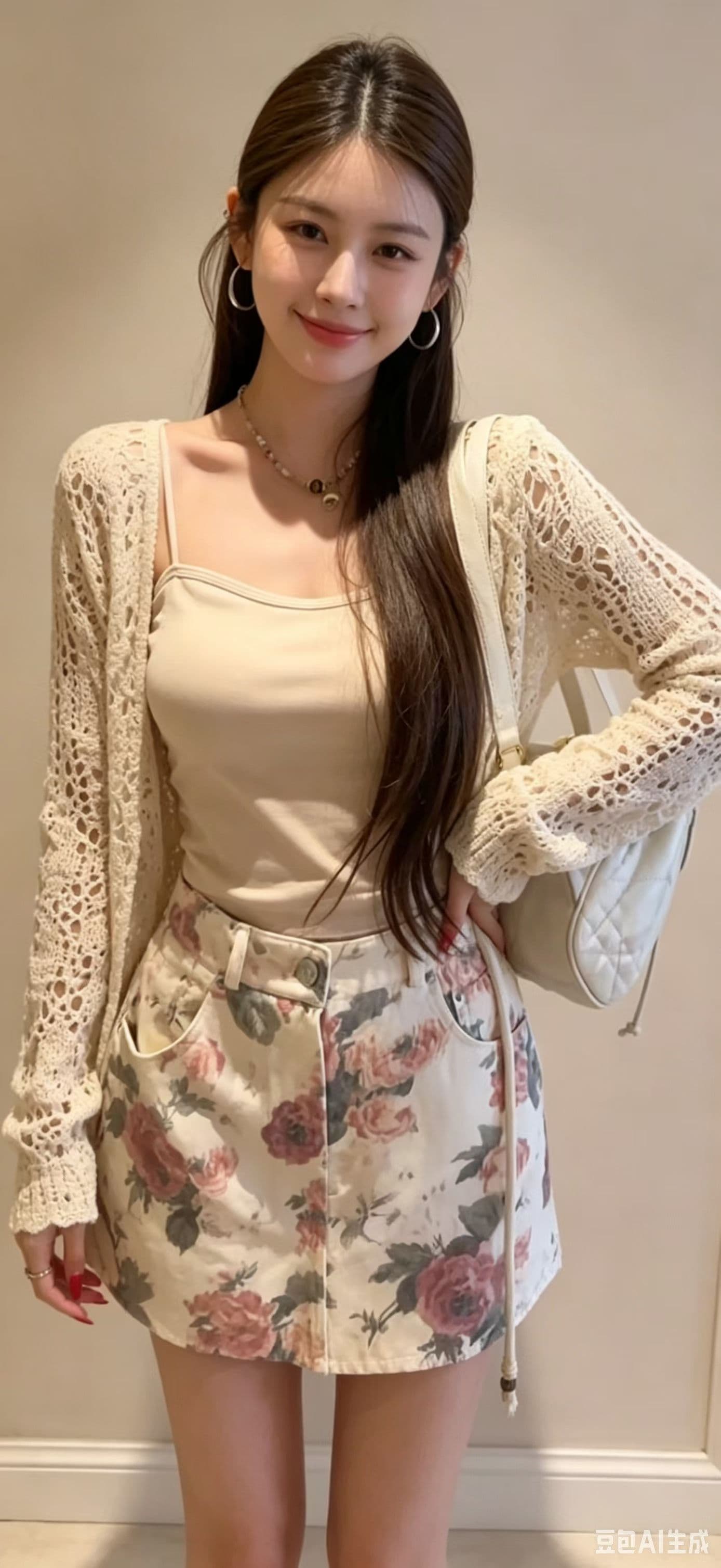 베이지 색 홀로우 아웃 자수 니트 오픈 가디건 레트로 프린트 면 센스 반 스커트 트렌디 3종 세트 상세 이미지 3