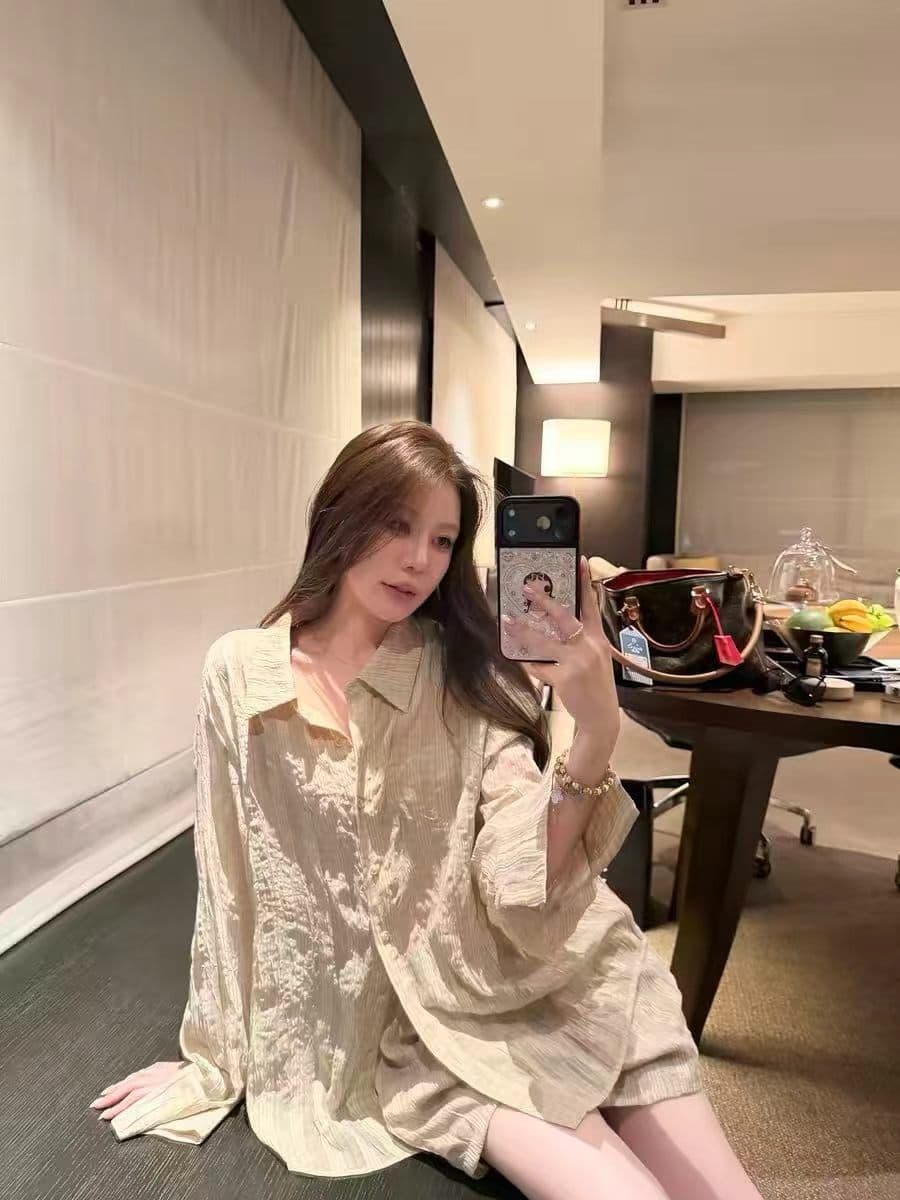 주름 센스 긴팔 셔츠 맨위 스트레이트 넓은 다리 캐주얼 반바지 세트 여성 여름 이미지 4
