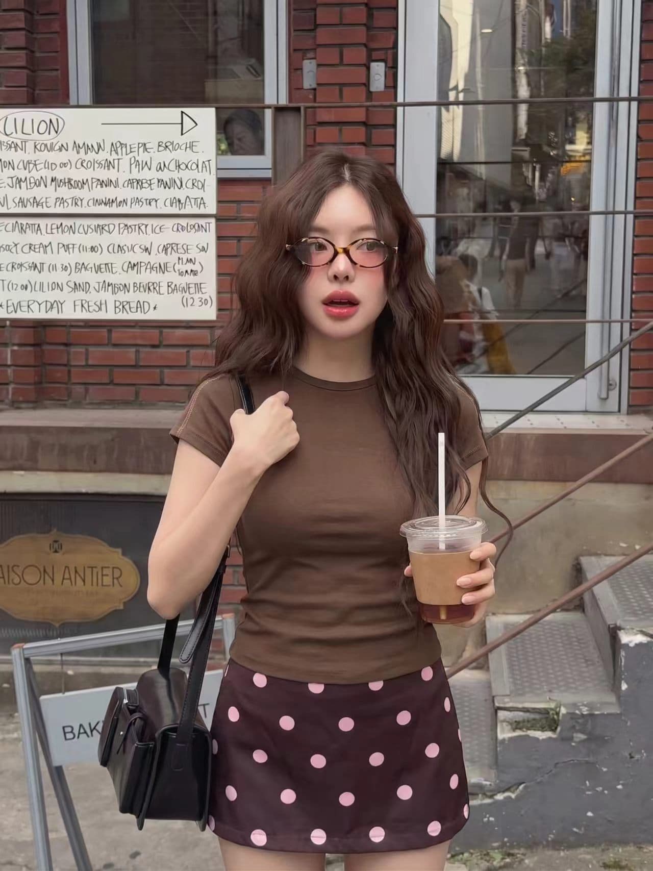 핫걸 도트 무늬 반신 치마 세트 여성용 짧은 소매 티셔츠 투피스 세트